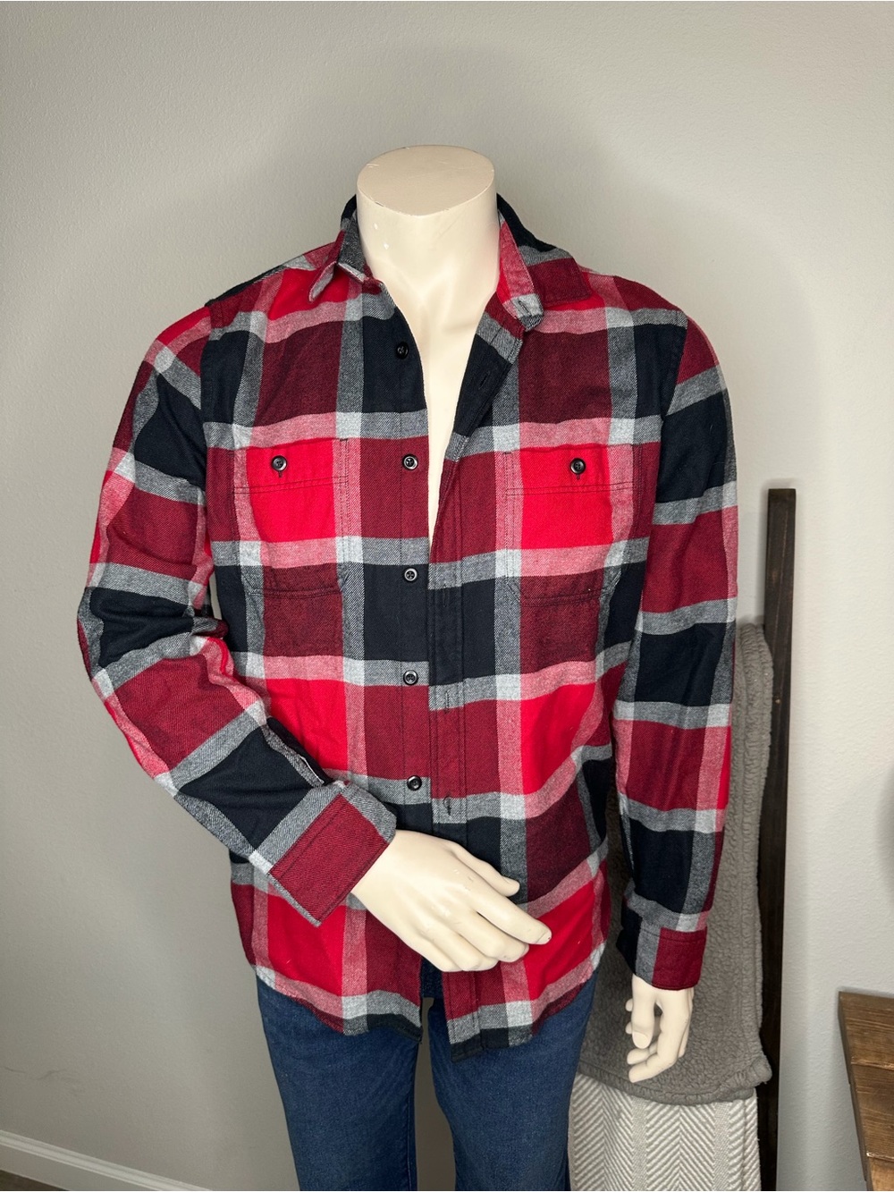Express Red, Black & Gray Plaid Flannel Shirt